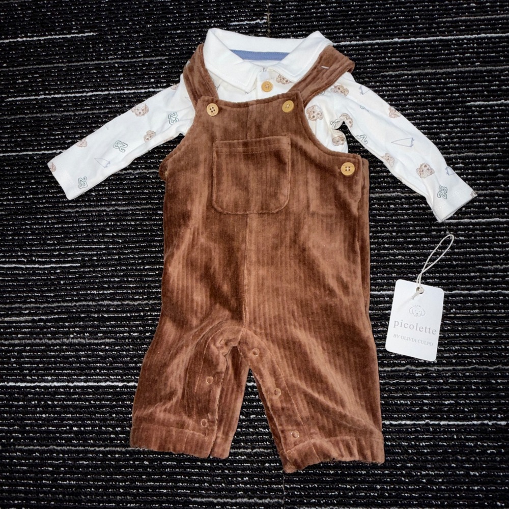 Picolette Overall Set 0-3M New Brown Corduroy Polo Bodysuit